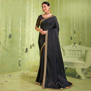 Black Solid With Fancy Border Vichitra Silk Saree - Peachmode