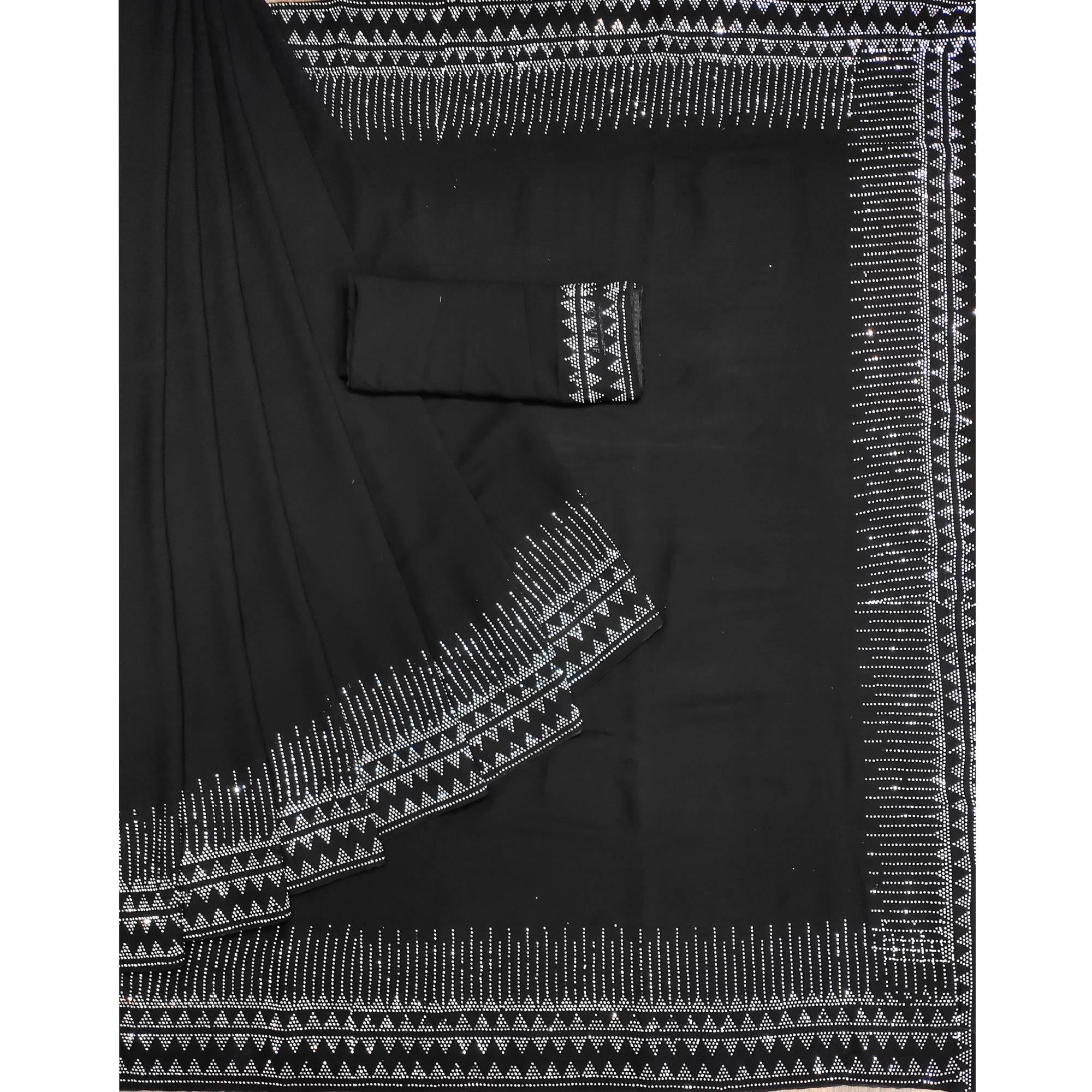 Black Solid With Sequence Work Chiffon Saree - Peachmode