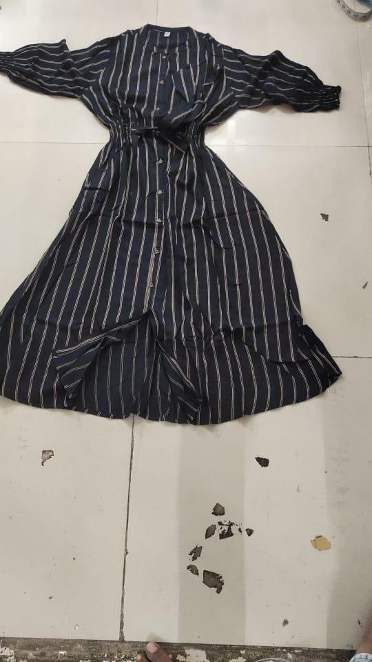Black Stripe Printed Rayon Dress - Peachmode
