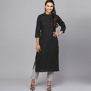 Black Striped Printed Pure Cotton Kurti - Peachmode