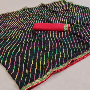 Black Stripes Printed Georgette Saree - Peachmode