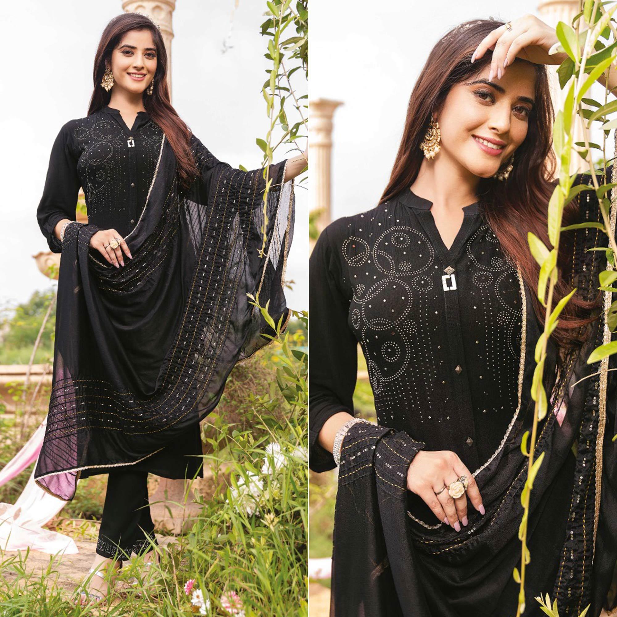 Black Swarovski Work Rayon Salwar Suit - Peachmode