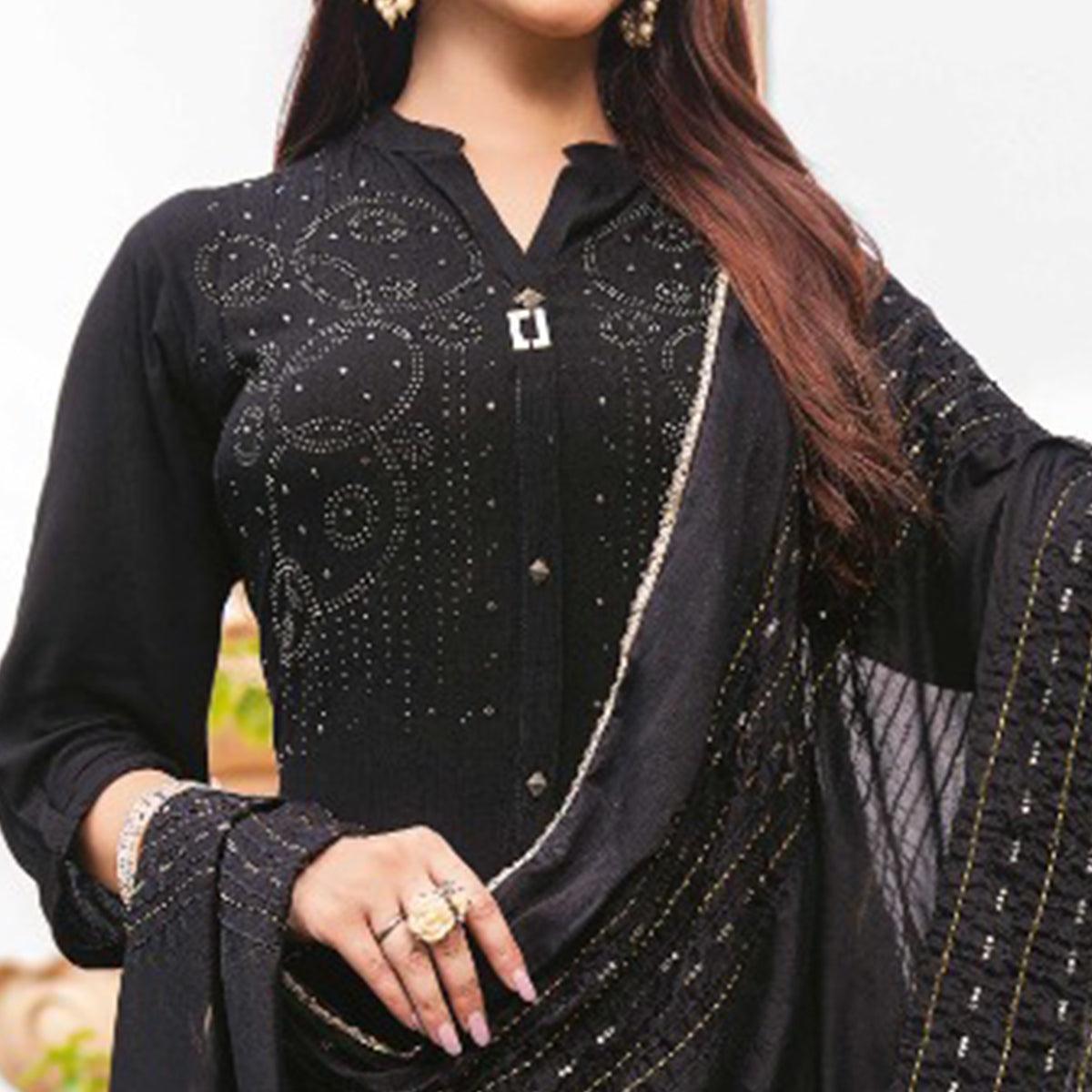 Black Swarovski Work Rayon Salwar Suit - Peachmode
