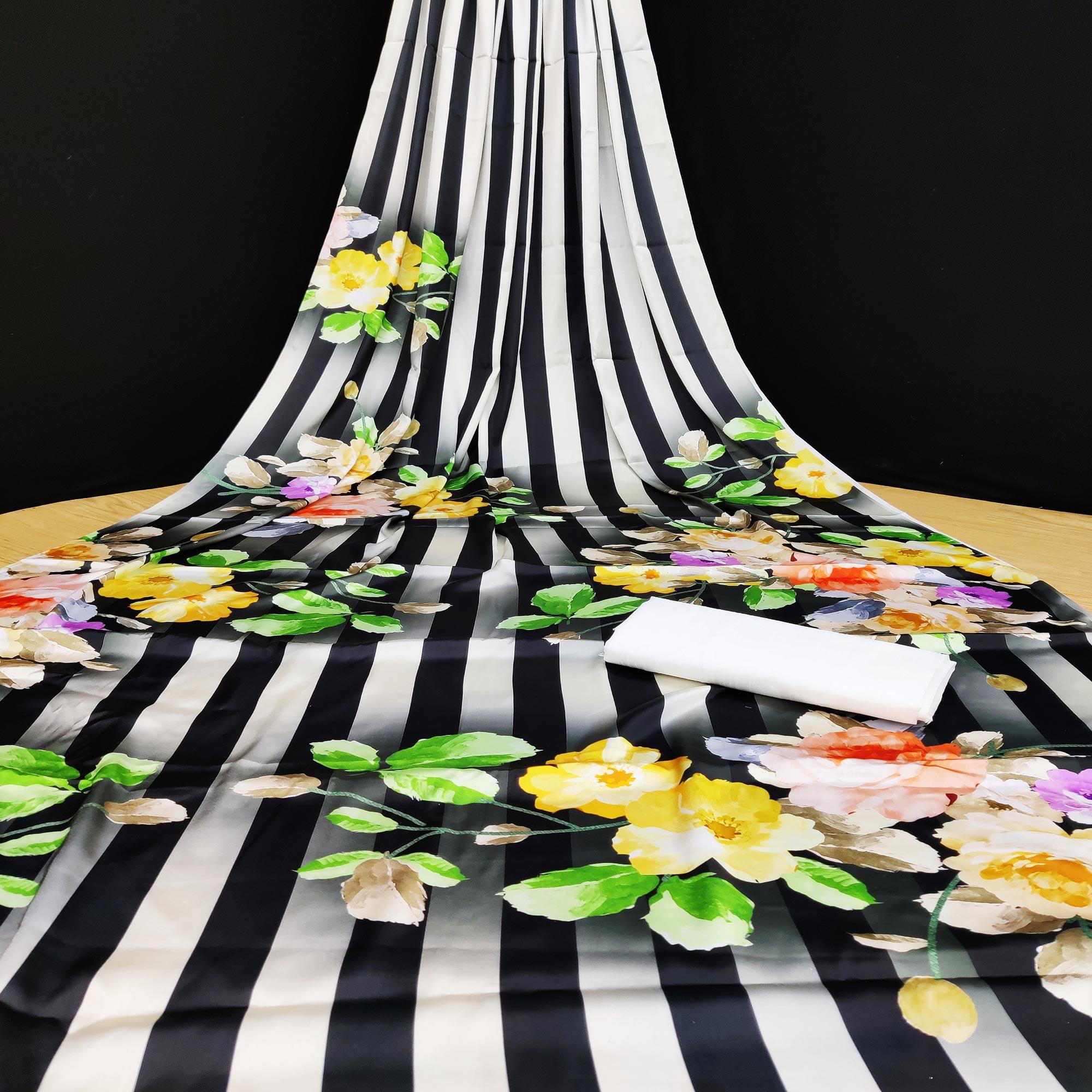 Black-White Casual Wear Stripes With Floral Digital Printed Satin Saree - Peachmode