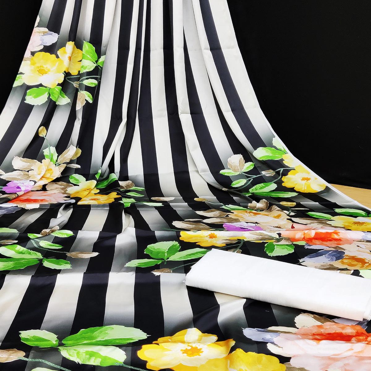 Black-White Casual Wear Stripes With Floral Digital Printed Satin Saree - Peachmode