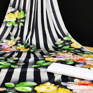 Black-White Casual Wear Stripes With Floral Digital Printed Satin Saree - Peachmode