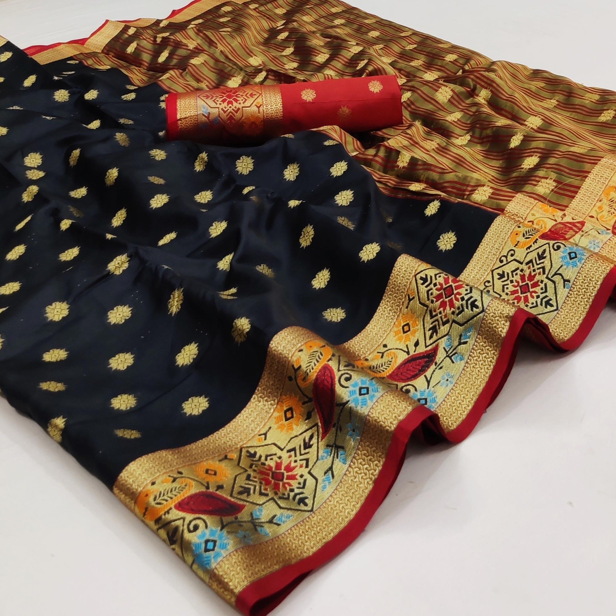 Black Woven Art Silk Saree - Peachmode