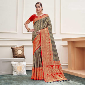 Black Woven Art Silk Saree - Peachmode
