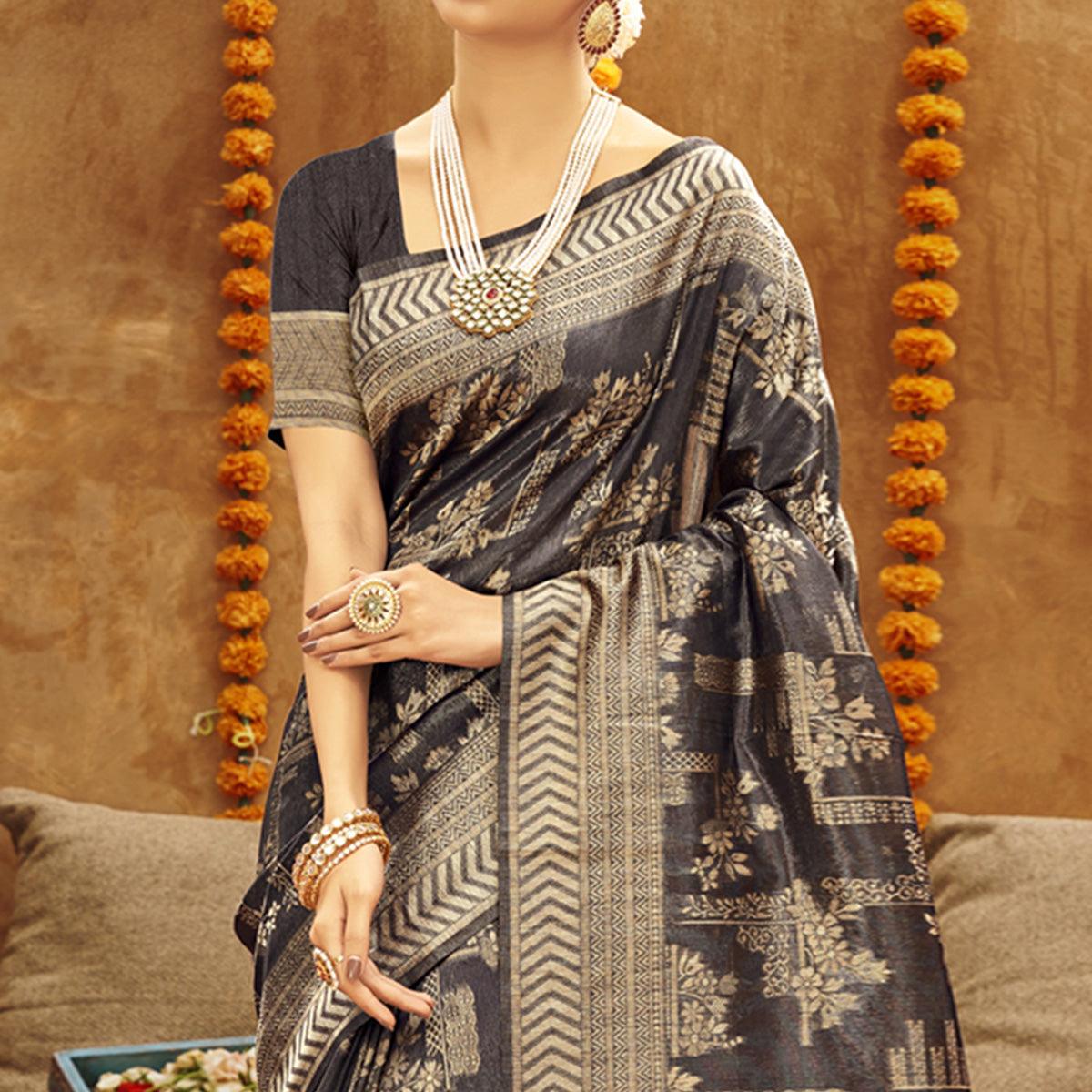 Black Woven Art Silk Saree - Peachmode