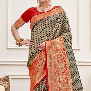 Black Woven Art Silk Saree - Peachmode