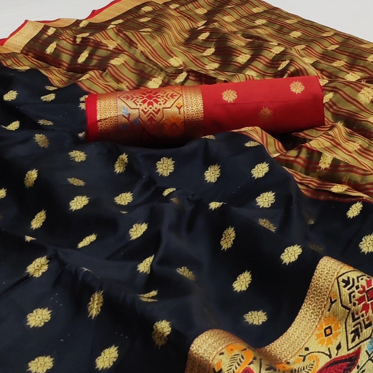 Black Woven Art Silk Saree - Peachmode