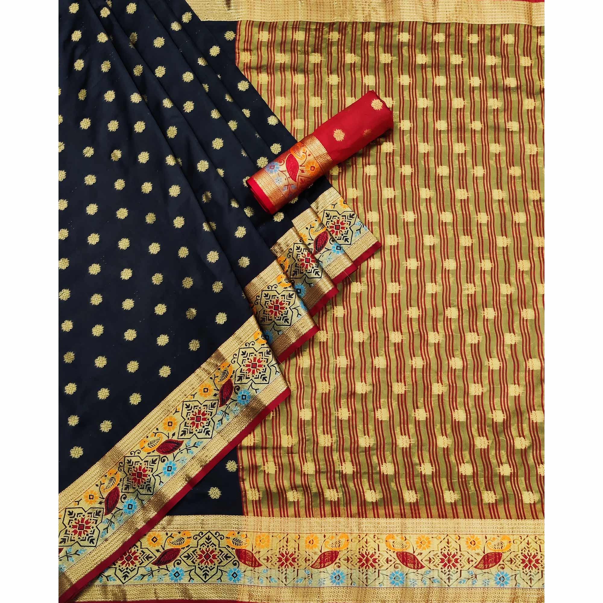 Black Woven Art Silk Saree - Peachmode