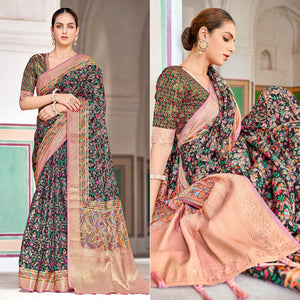 Black Woven Art Silk Saree With Tassels - Peachmode