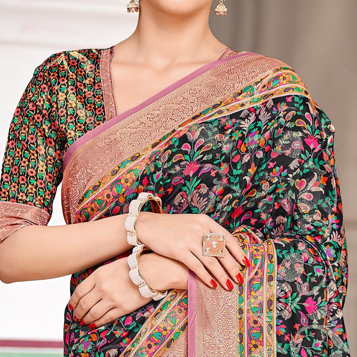 Black Woven Art Silk Saree With Tassels - Peachmode