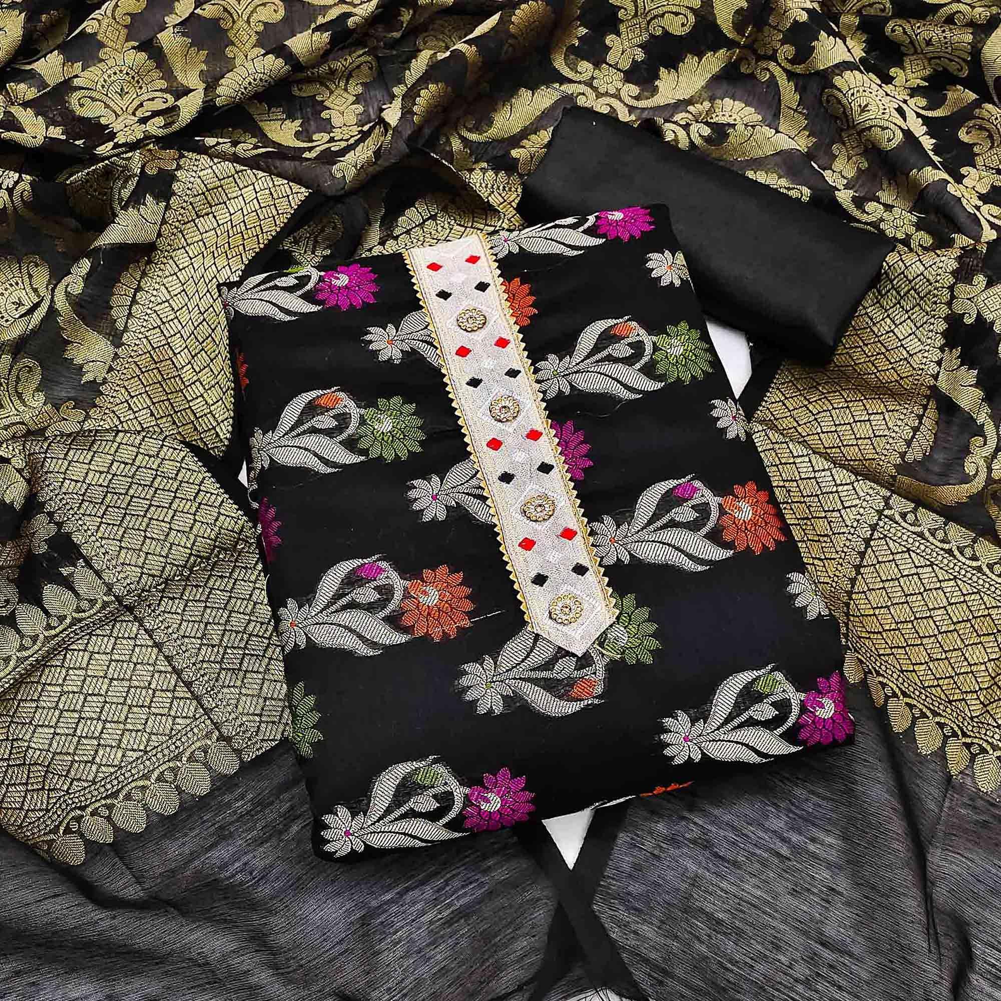 Black Woven Banarasi Dress Material - Peachmode