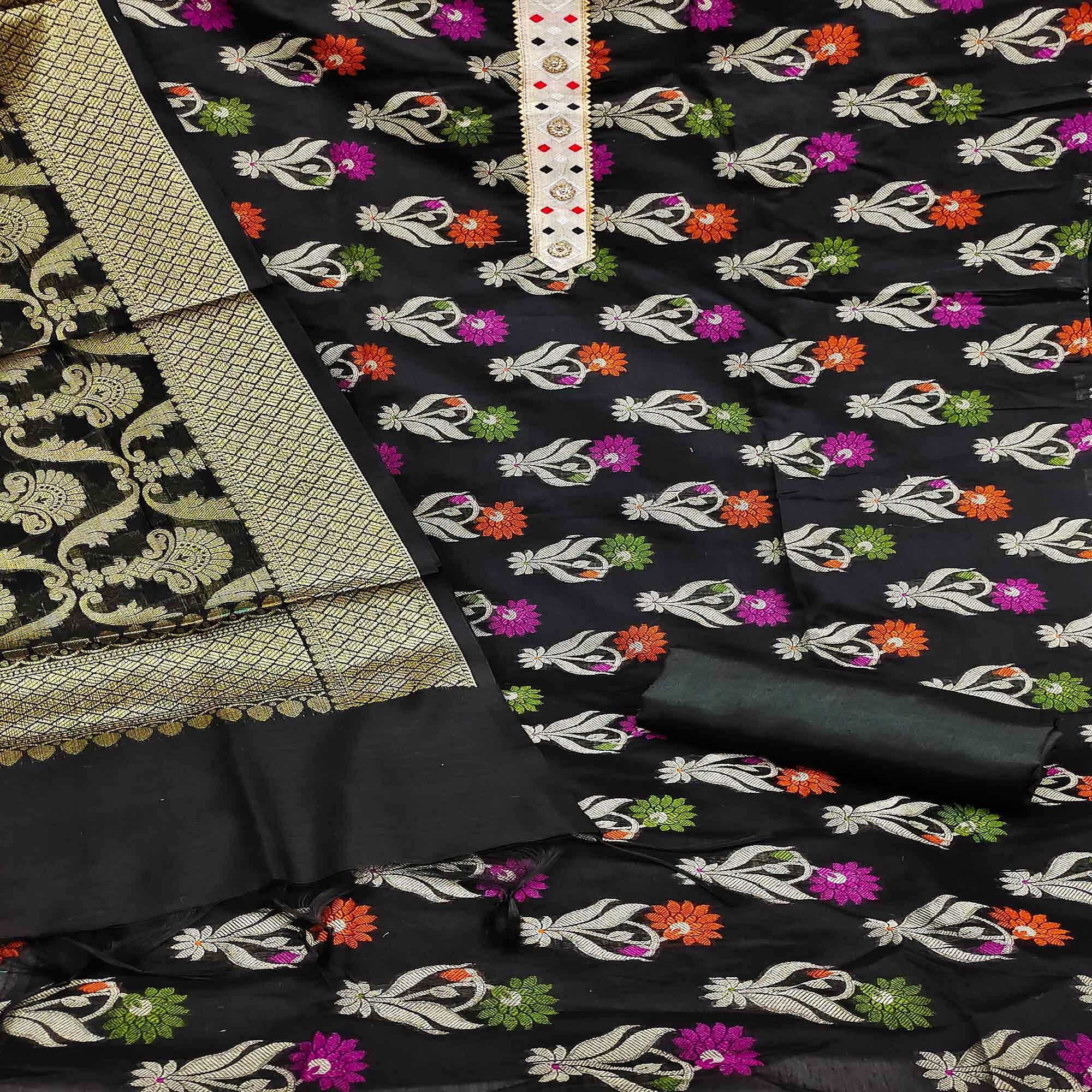 Black Woven Banarasi Dress Material - Peachmode