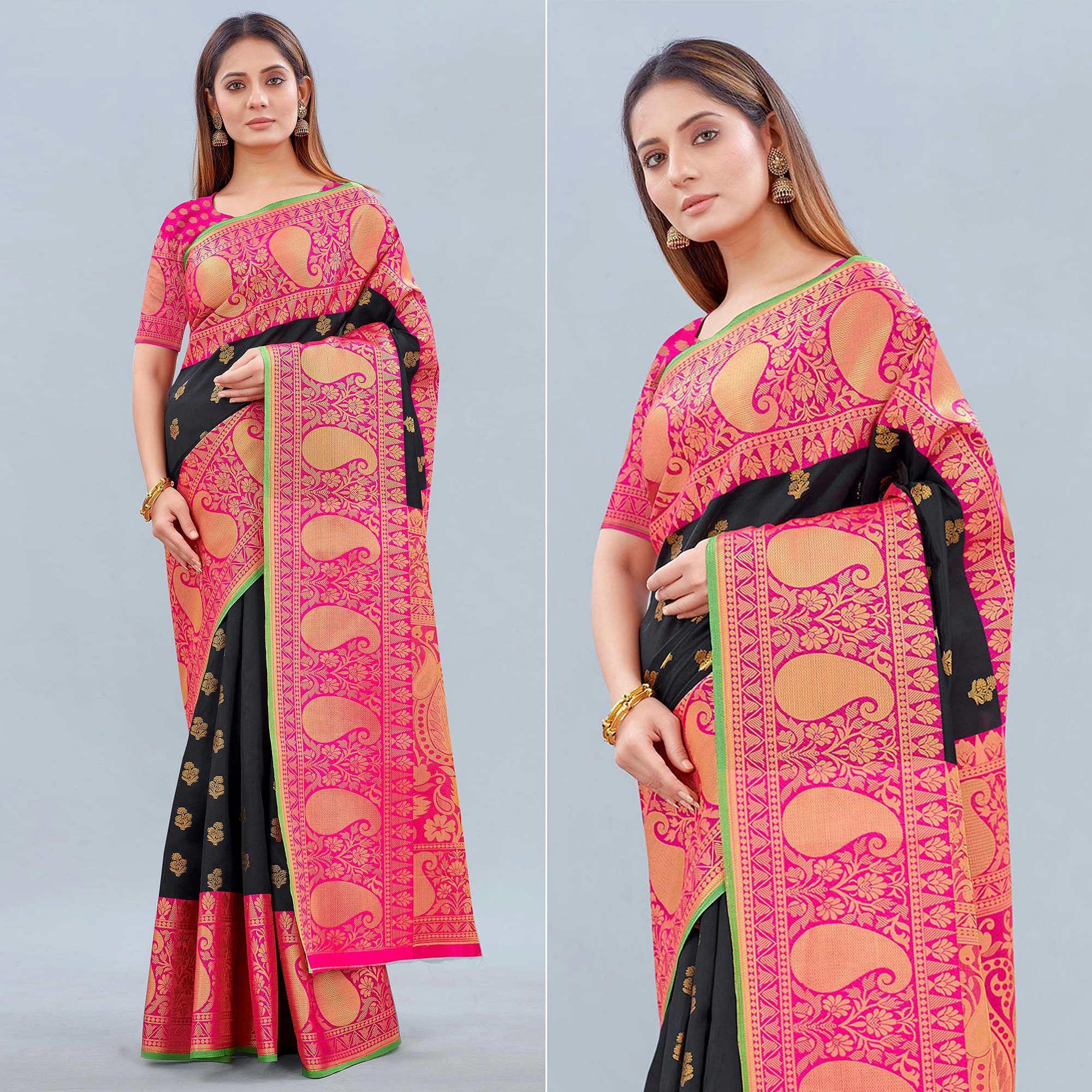 Black Woven Banarasi Silk Saree - Peachmode