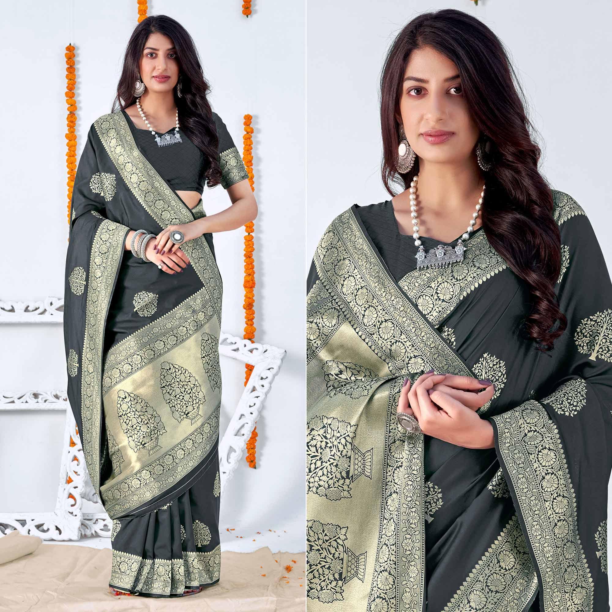 Black Woven Banarasi Silk Saree - Peachmode