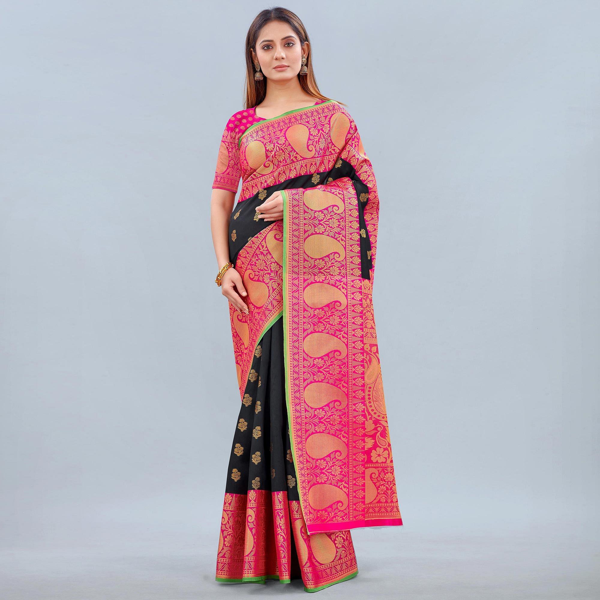 Black Woven Banarasi Silk Saree - Peachmode