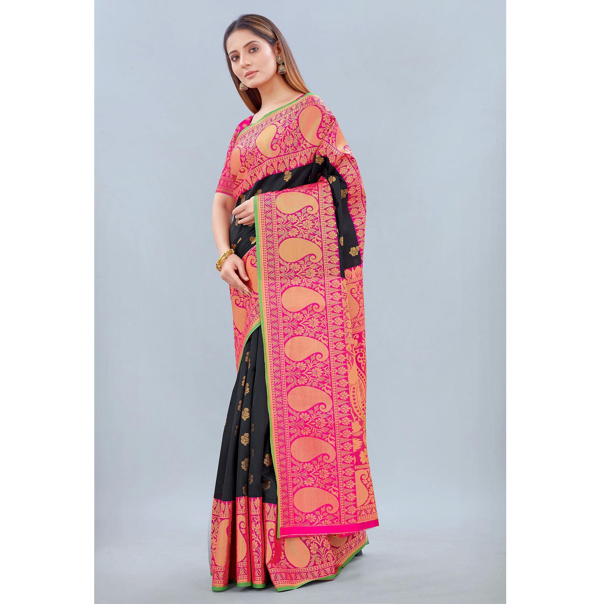 Black Woven Banarasi Silk Saree - Peachmode