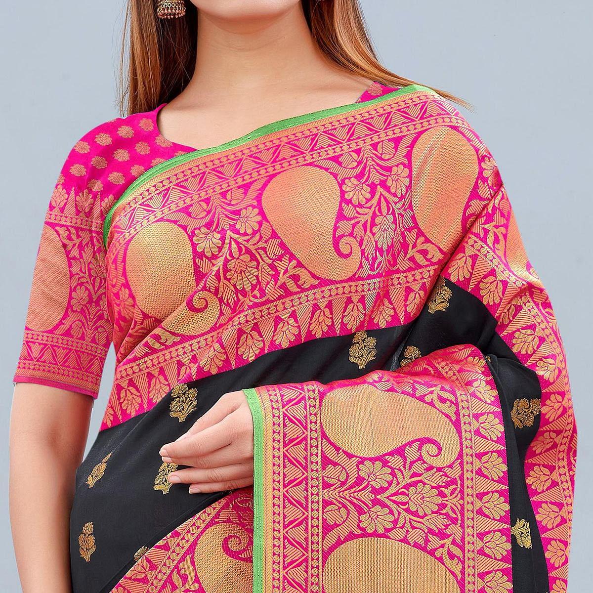 Black Woven Banarasi Silk Saree - Peachmode