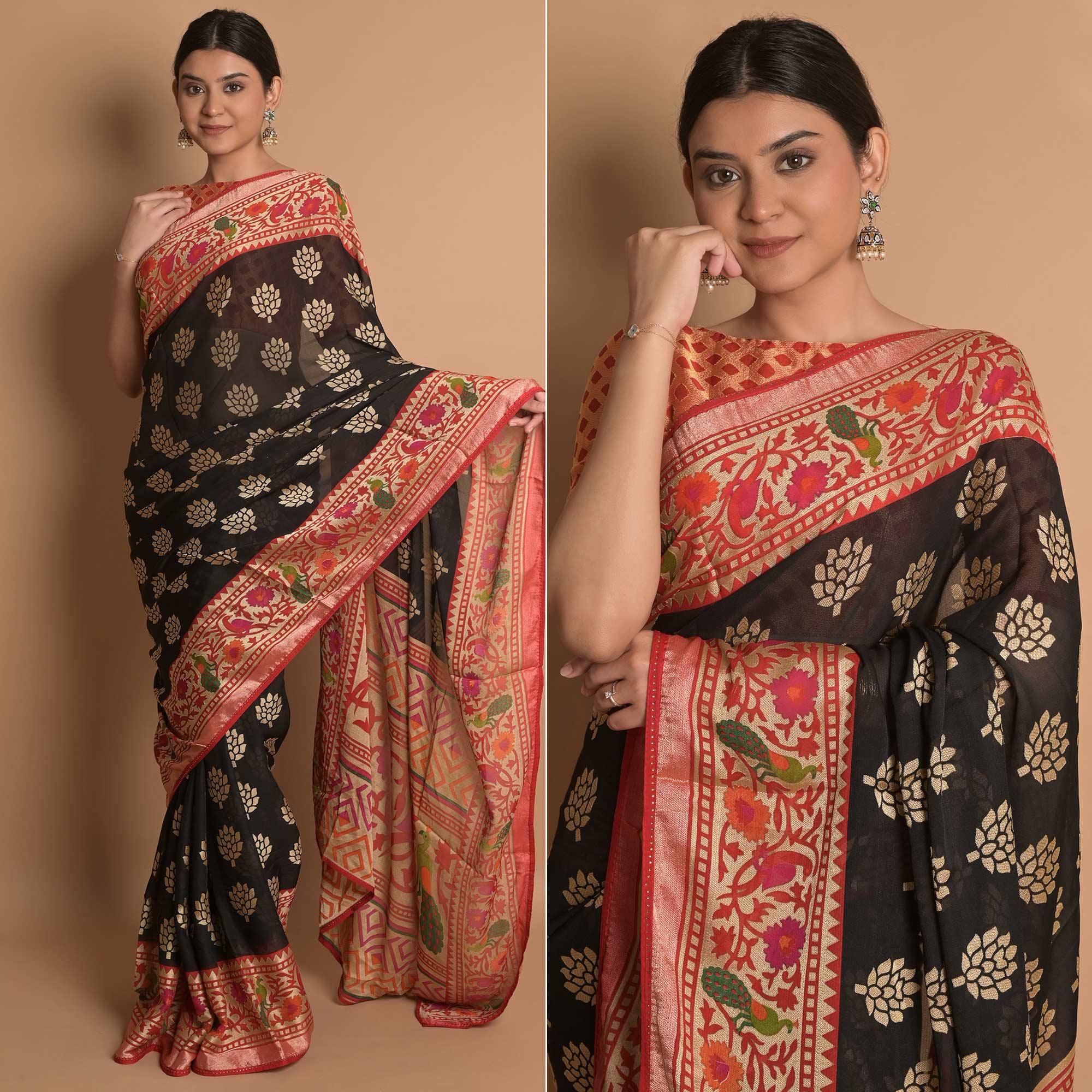 Black Woven Brasso Saree - Peachmode