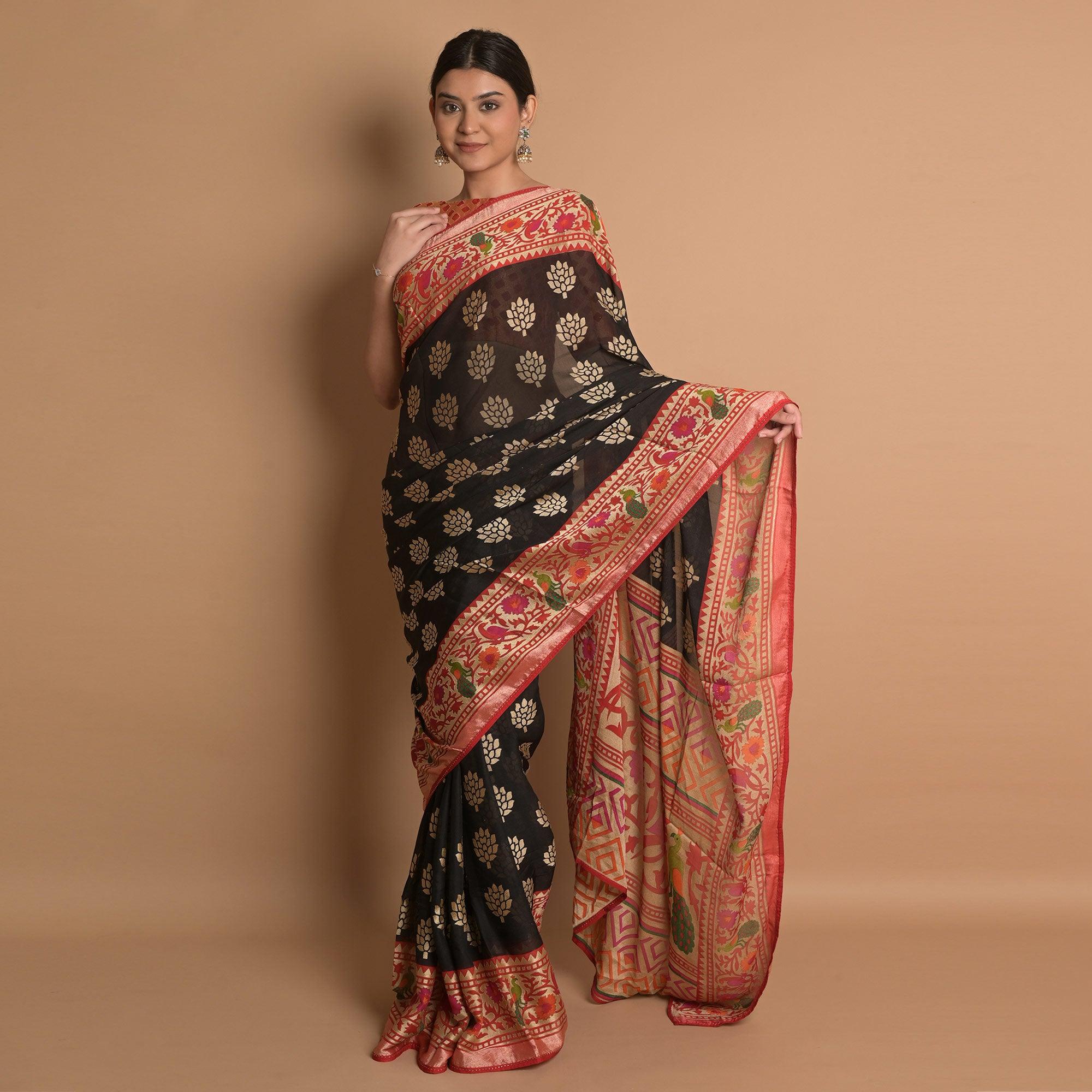 Black Woven Brasso Saree - Peachmode