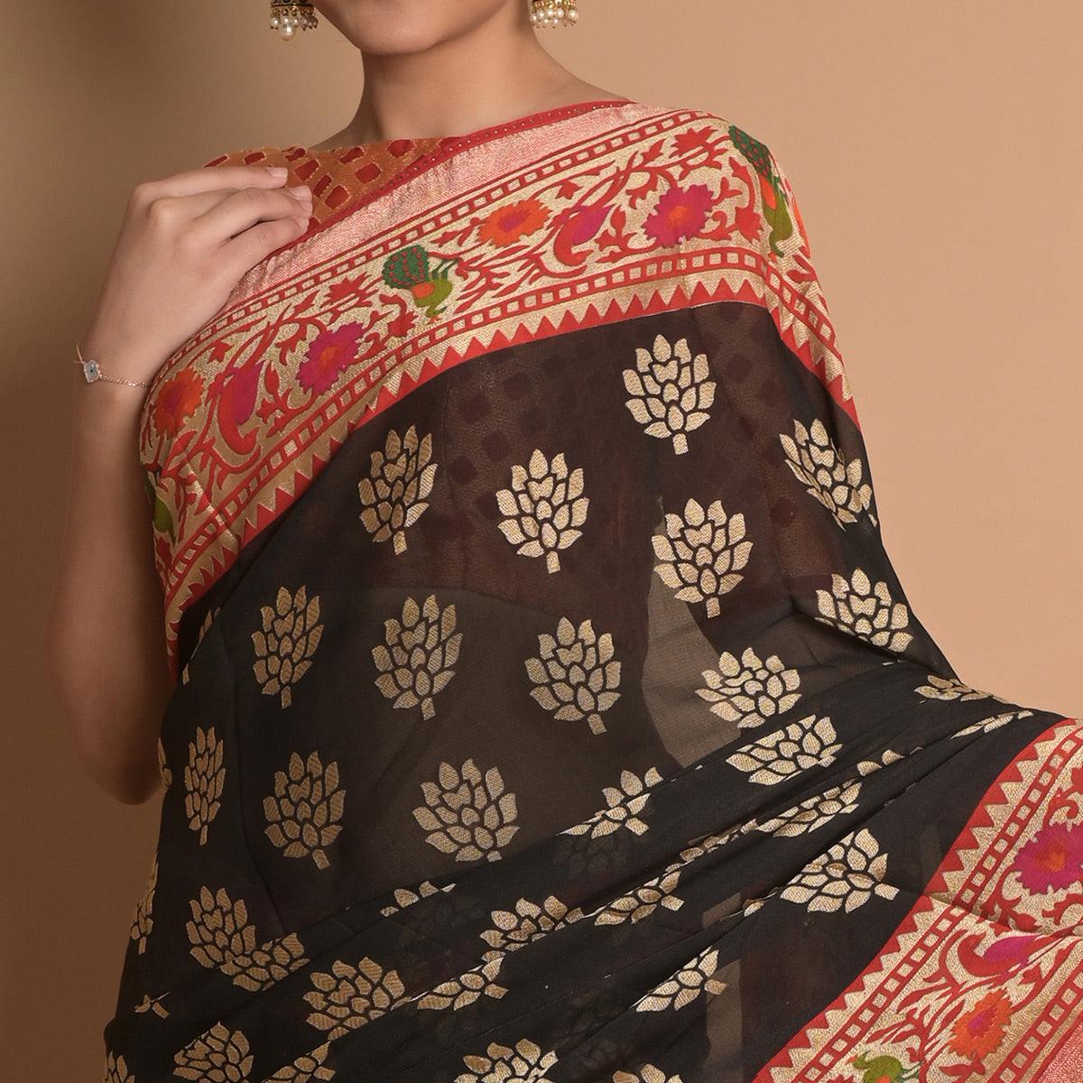 Black Woven Brasso Saree - Peachmode