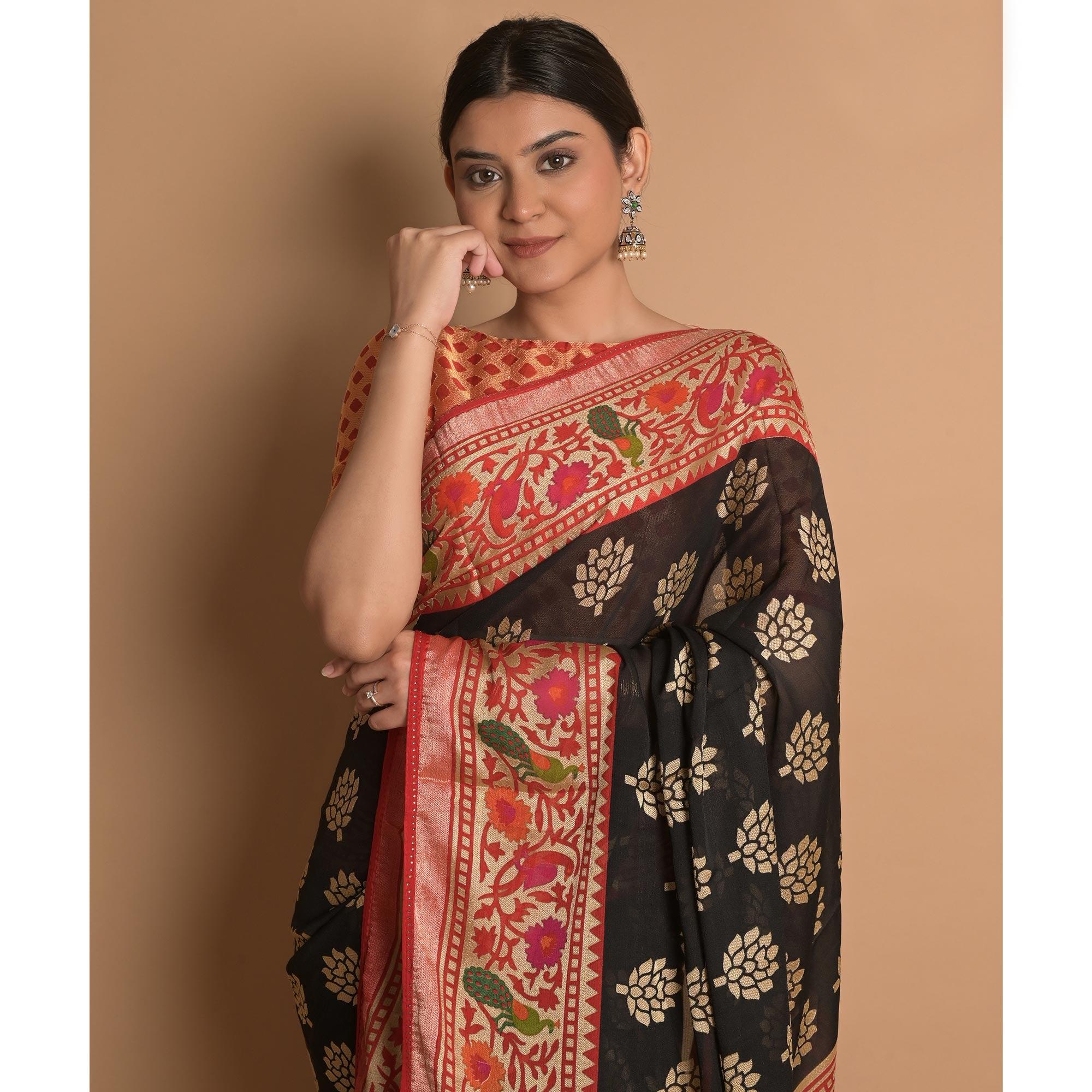 Black Woven Brasso Saree - Peachmode