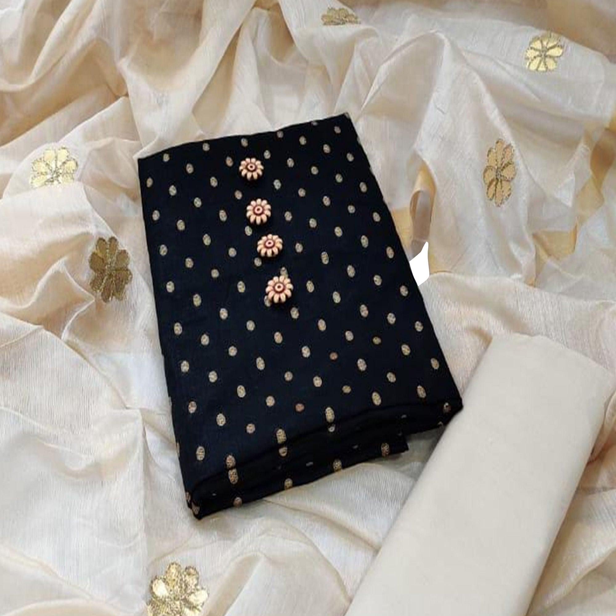 Black Woven Cotton Blend Dress Material - Peachmode