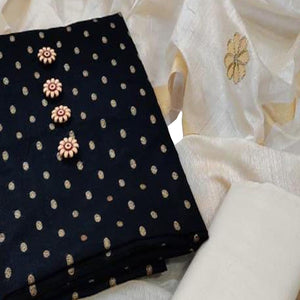 Black Woven Cotton Blend Dress Material - Peachmode