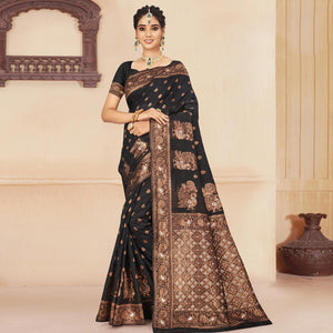 Black Woven Cotton Silk Saree - Peachmode