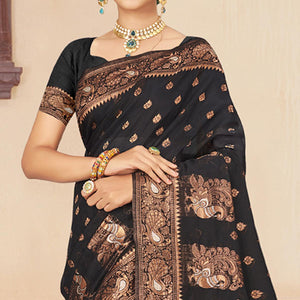 Black Woven Cotton Silk Saree - Peachmode