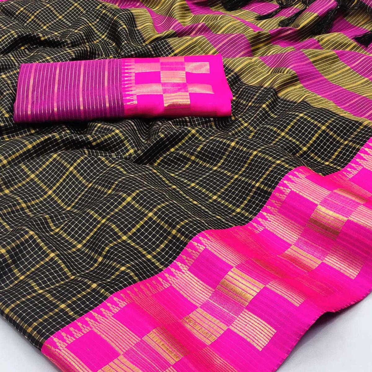 Black Woven Cotton Silk Saree - Peachmode