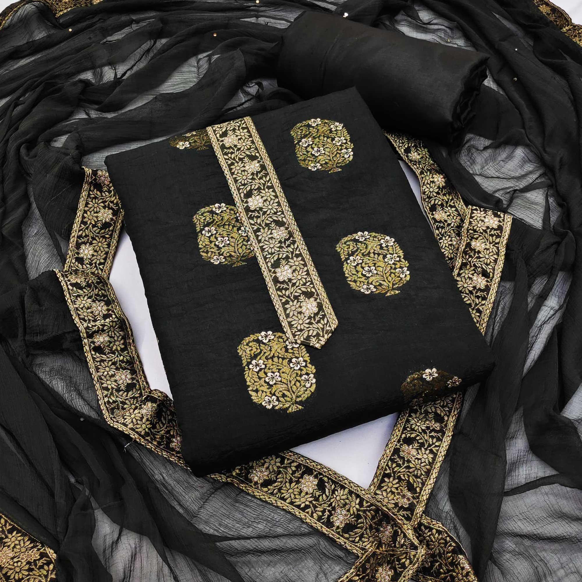 Black Woven Dola Silk Dress Material - Peachmode