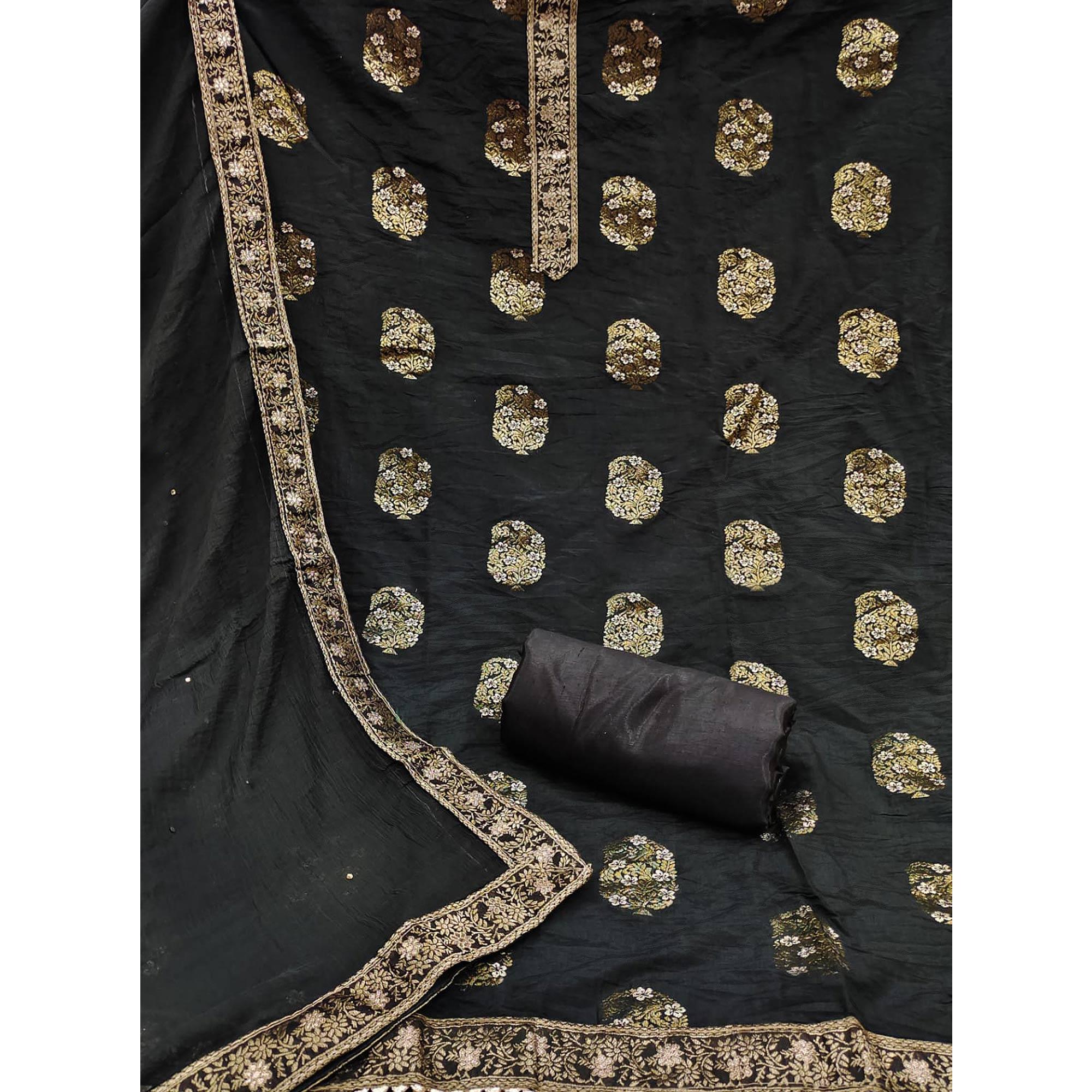 Black Woven Dola Silk Dress Material - Peachmode