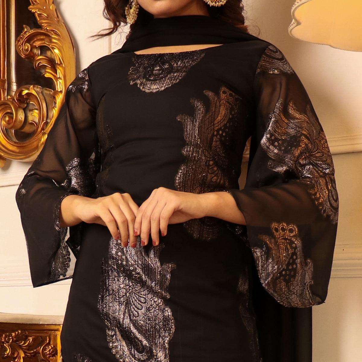 Black Woven Georgette Kurti Palazzo Set - Peachmode