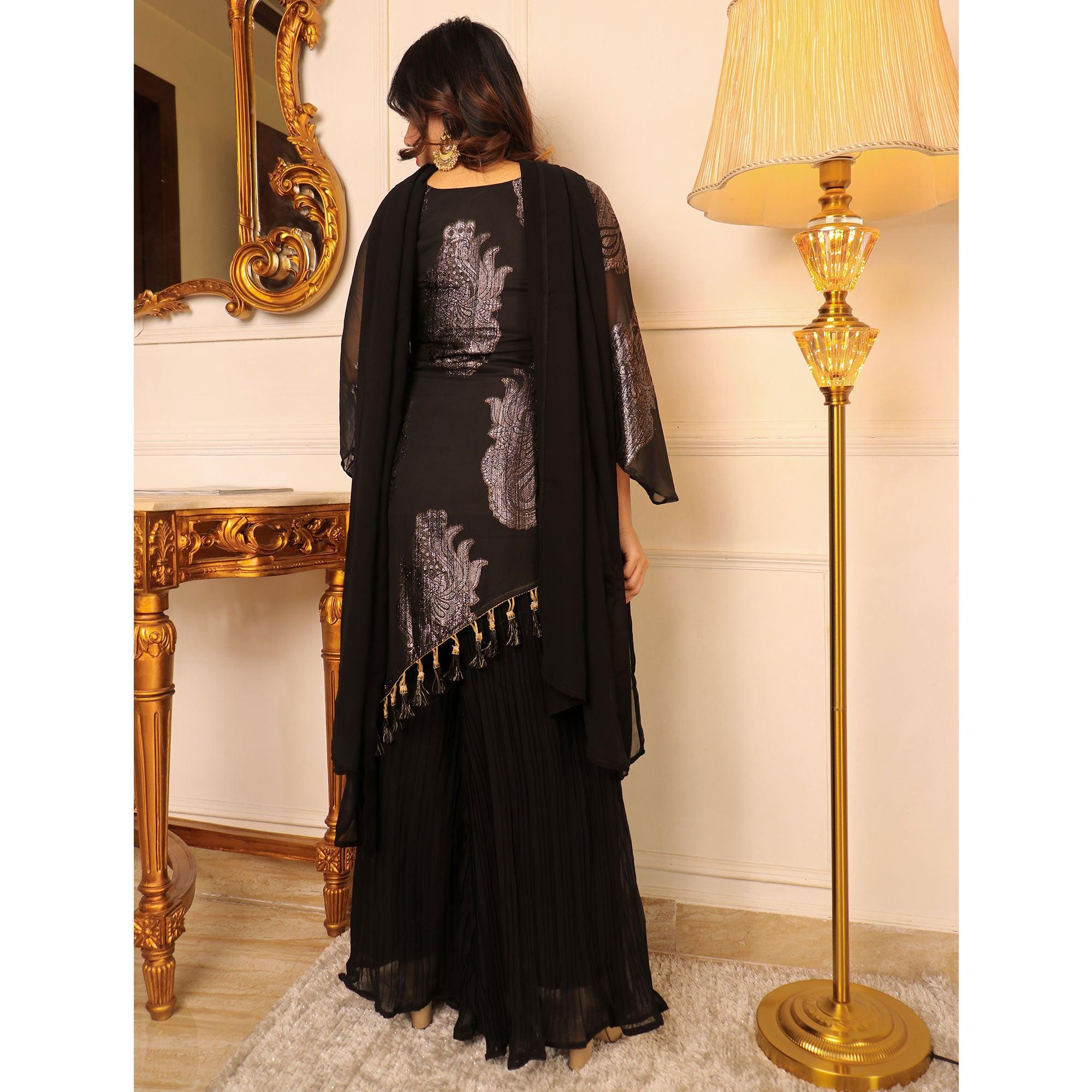 Black Woven Georgette Kurti Palazzo Set - Peachmode