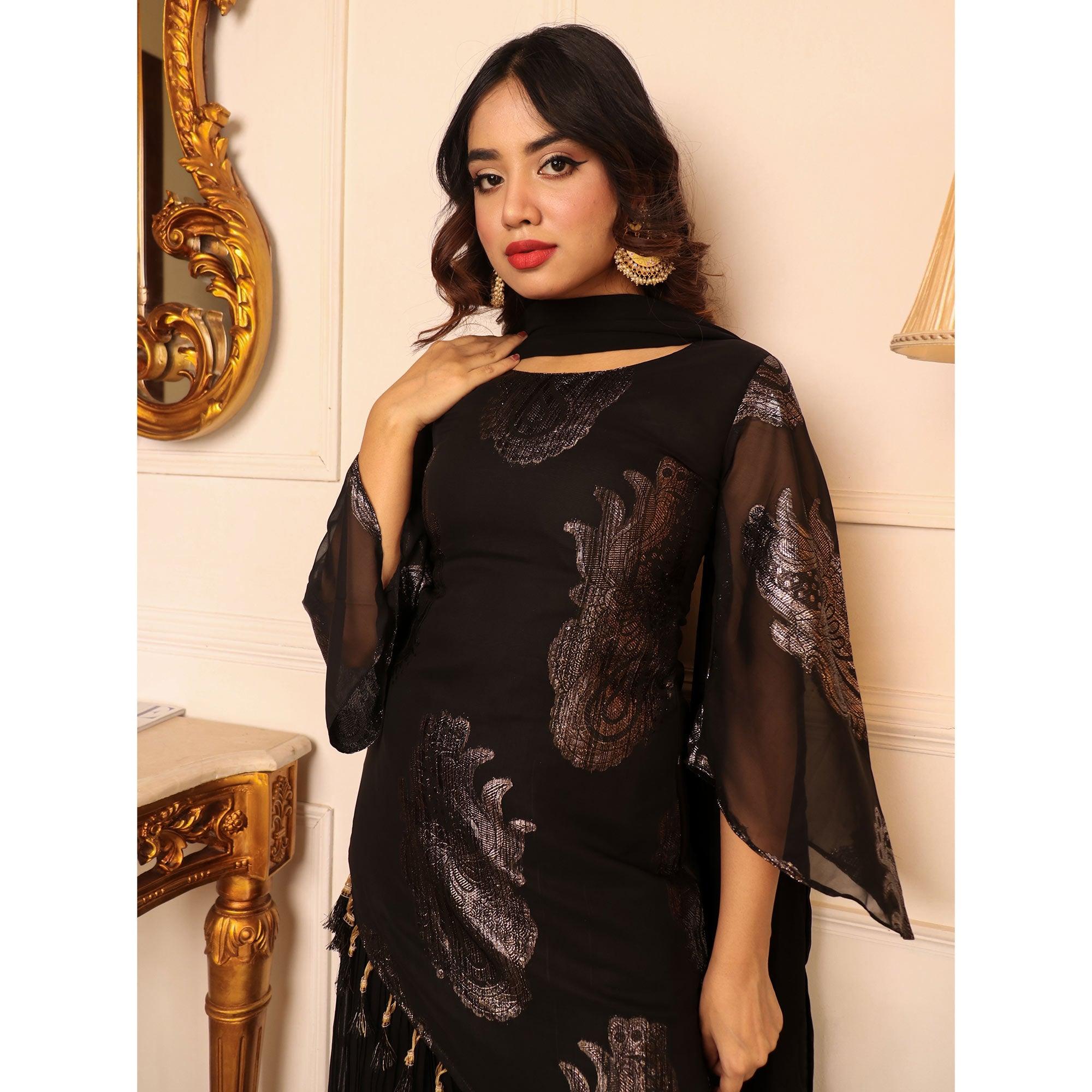 Black Woven Georgette Kurti Palazzo Set - Peachmode