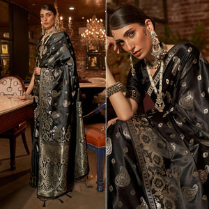 Black Woven Satin Saree With Tassels - Peachmode