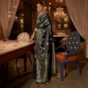 Black Woven Satin Saree With Tassels - Peachmode