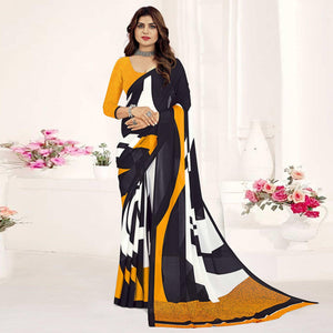 Black-Yellow Geometric Printed Georgette Saree - Peachmode