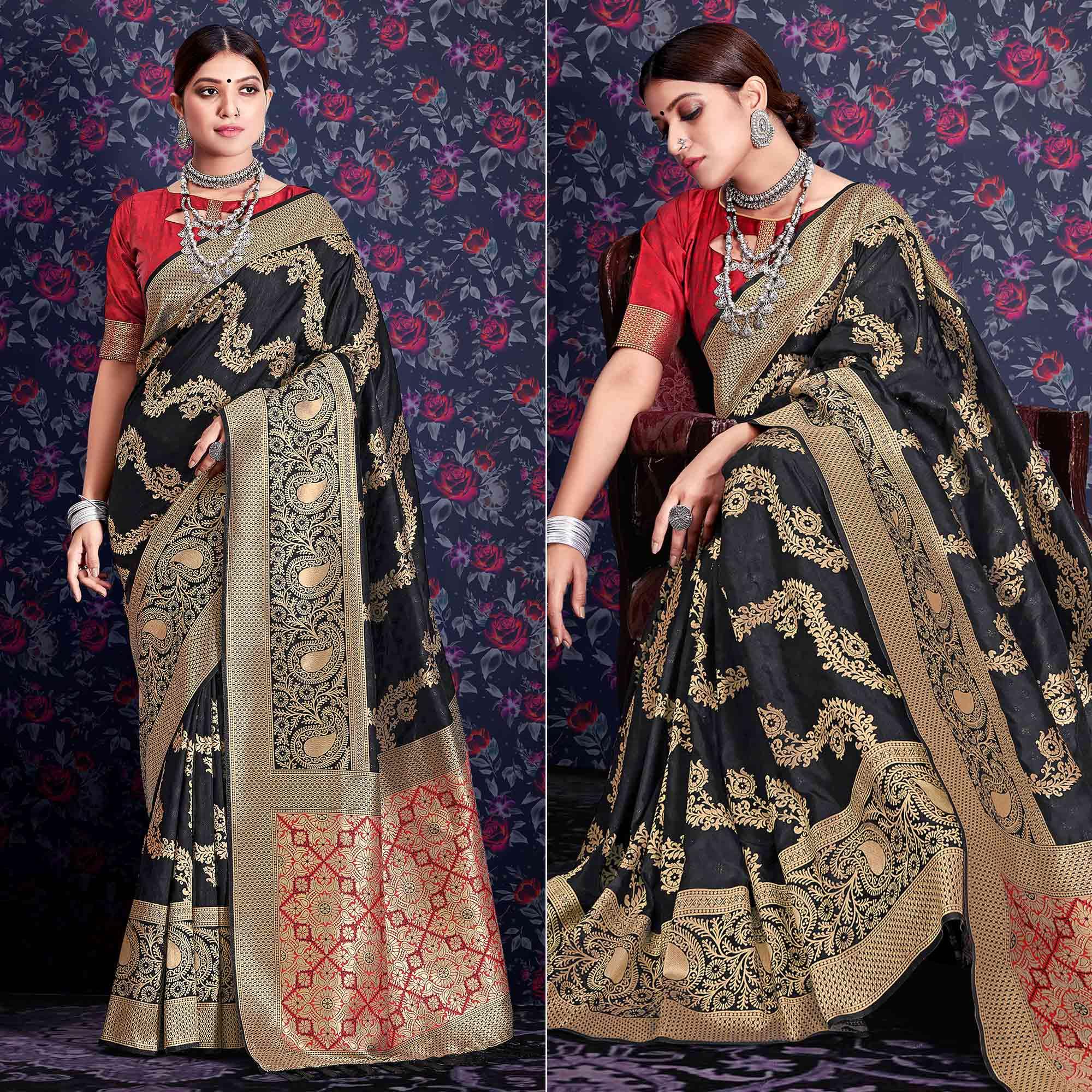Black Zari Woven Art Silk Saree - Peachmode