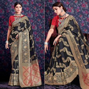Black Zari Woven Art Silk Saree - Peachmode