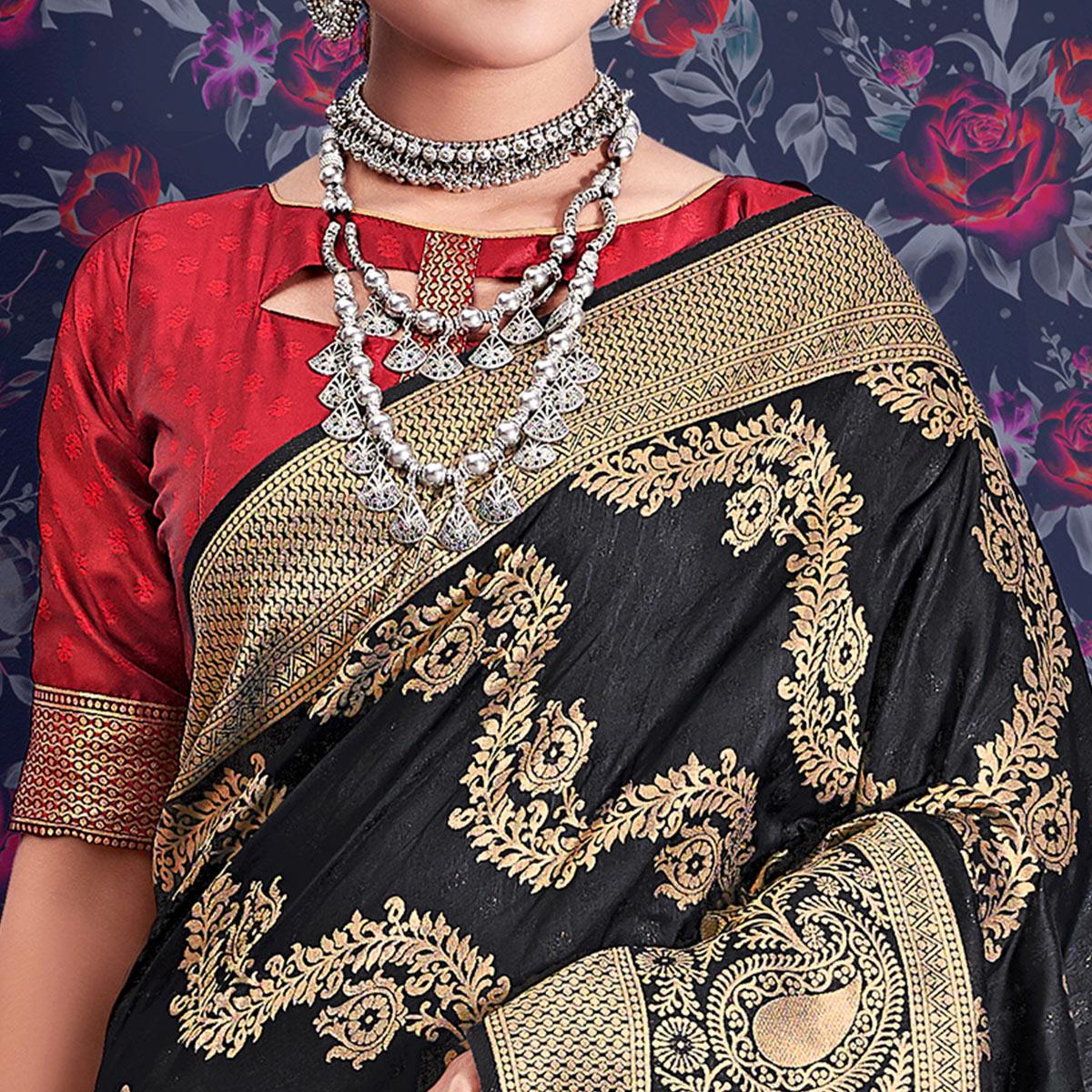 Black Zari Woven Art Silk Saree - Peachmode