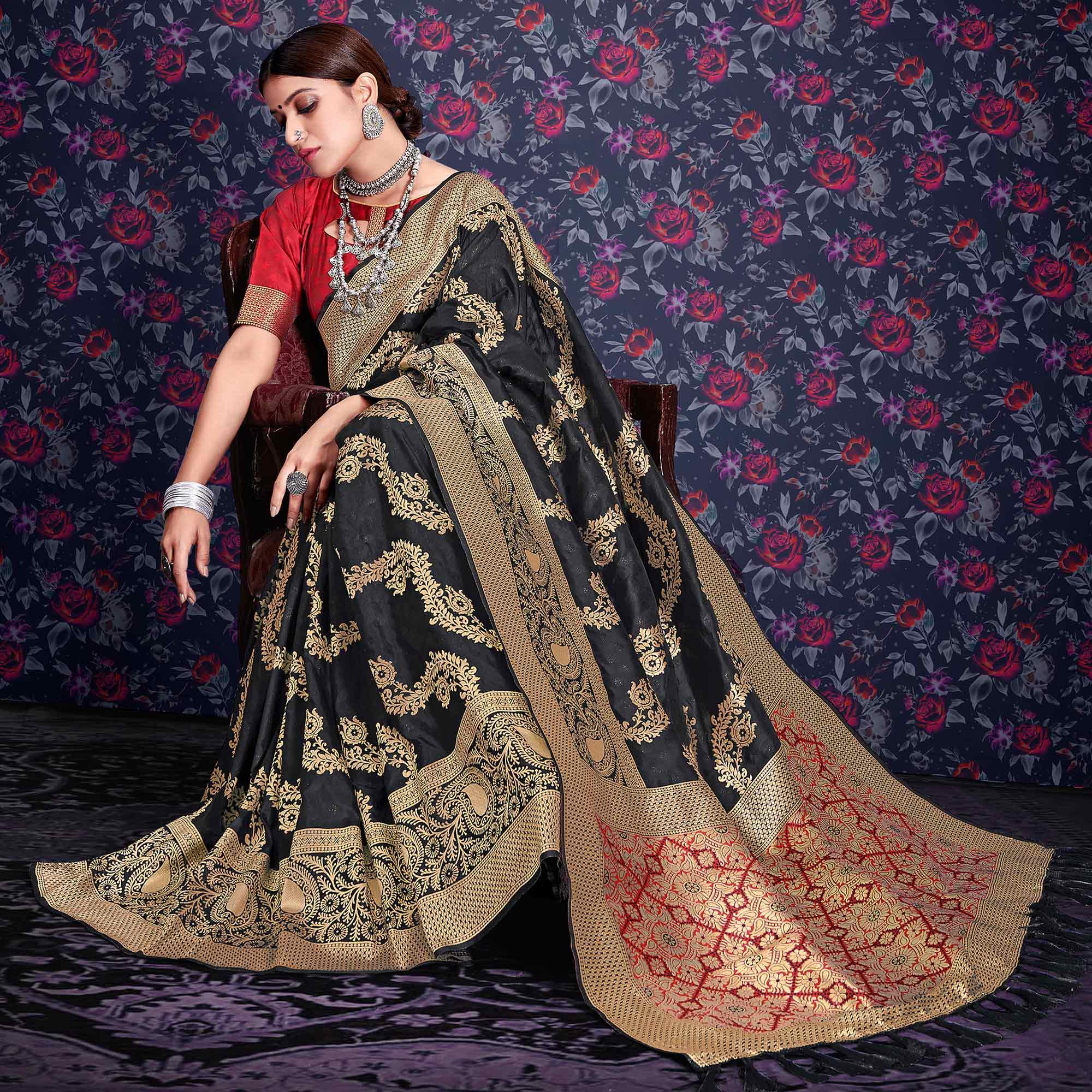 Black Zari Woven Art Silk Saree - Peachmode