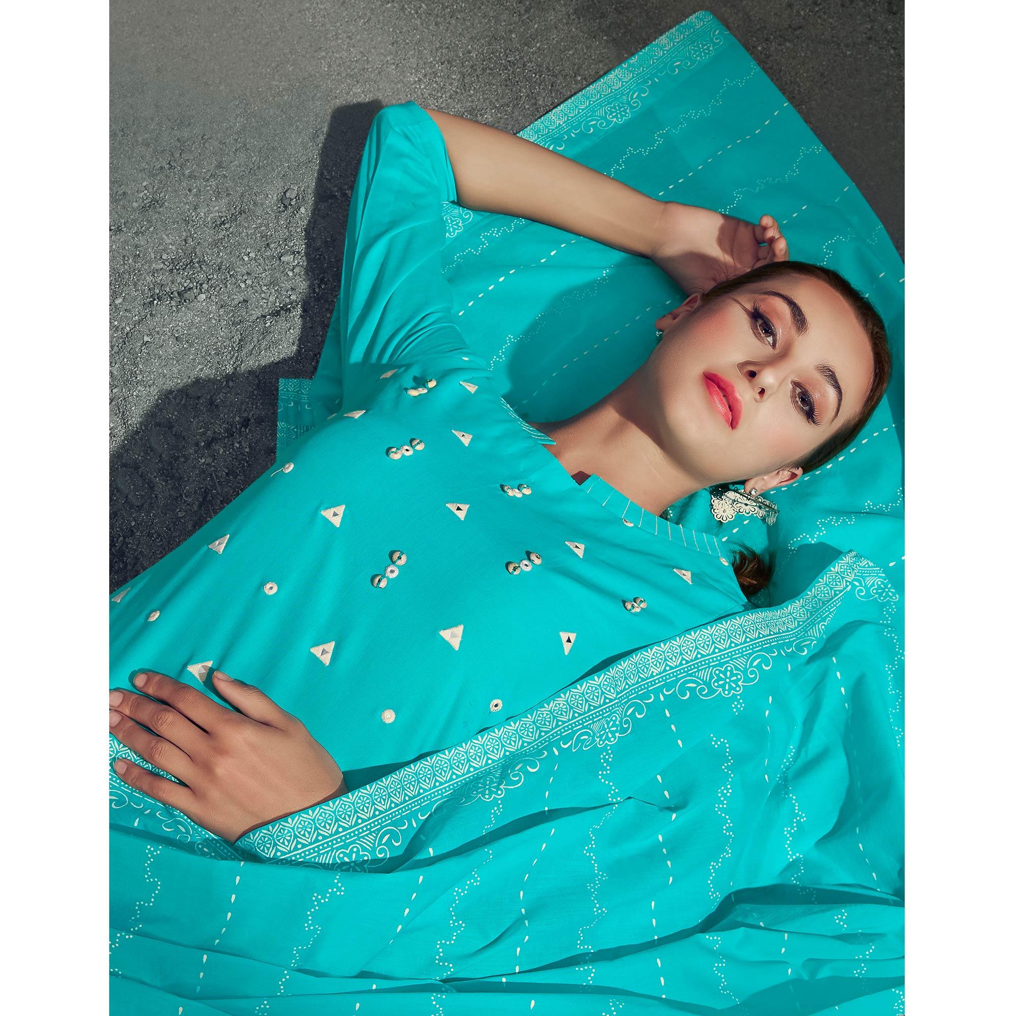 Blissful Aqua Blue Colored Partywear Embroidered Cotton Kurti-Pant Set With Dupatta - Peachmode