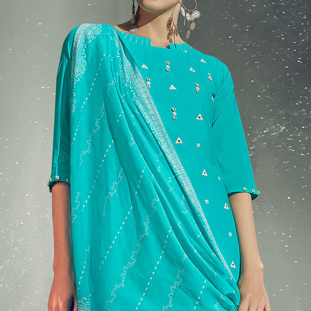 Blissful Aqua Blue Colored Partywear Embroidered Cotton Kurti-Pant Set With Dupatta - Peachmode
