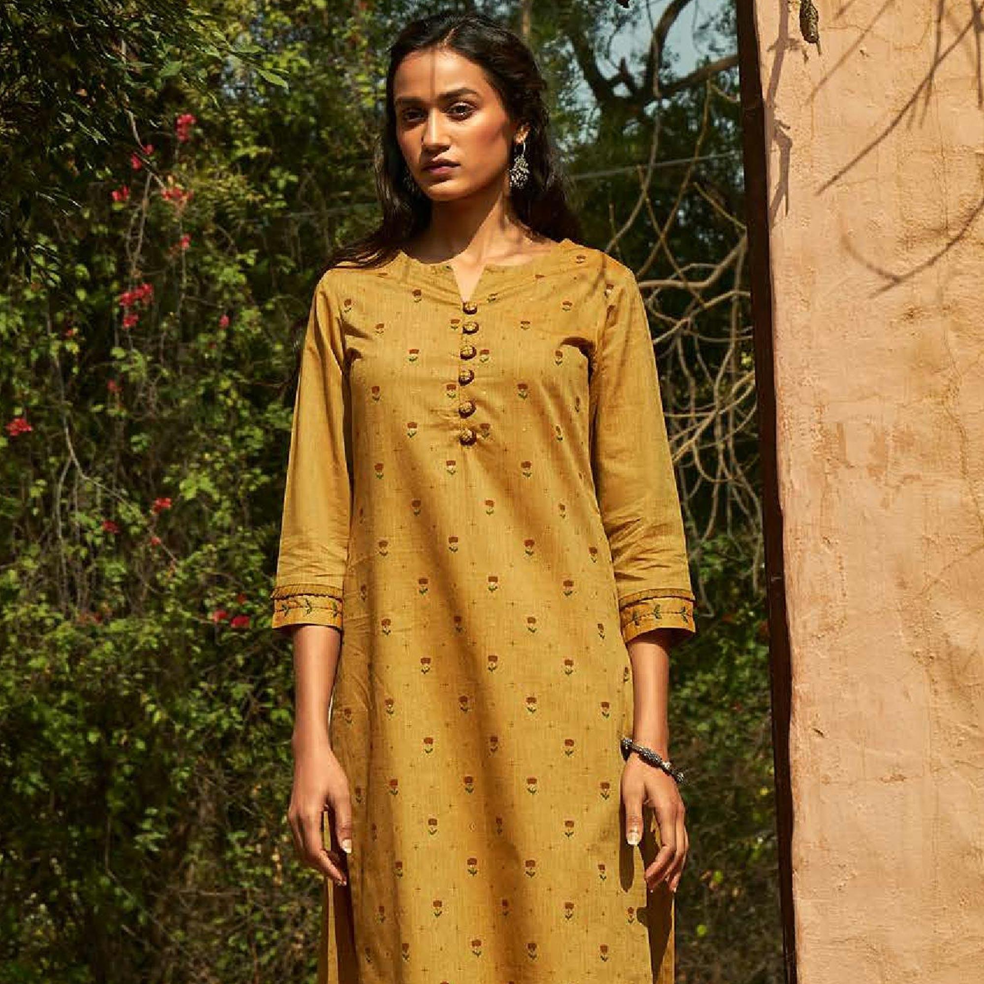 Blissful Beige Colored Casual Wear Embroidered Cotton Kurti With Bottom - Peachmode
