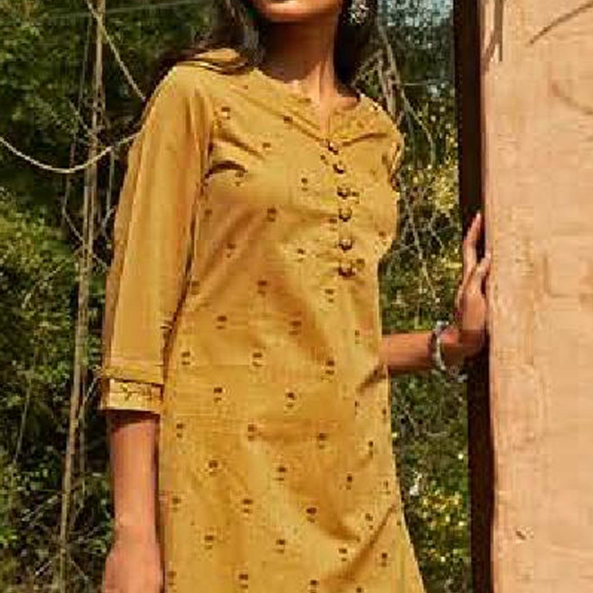 Blissful Beige Colored Casual Wear Embroidered Cotton Kurti With Bottom - Peachmode
